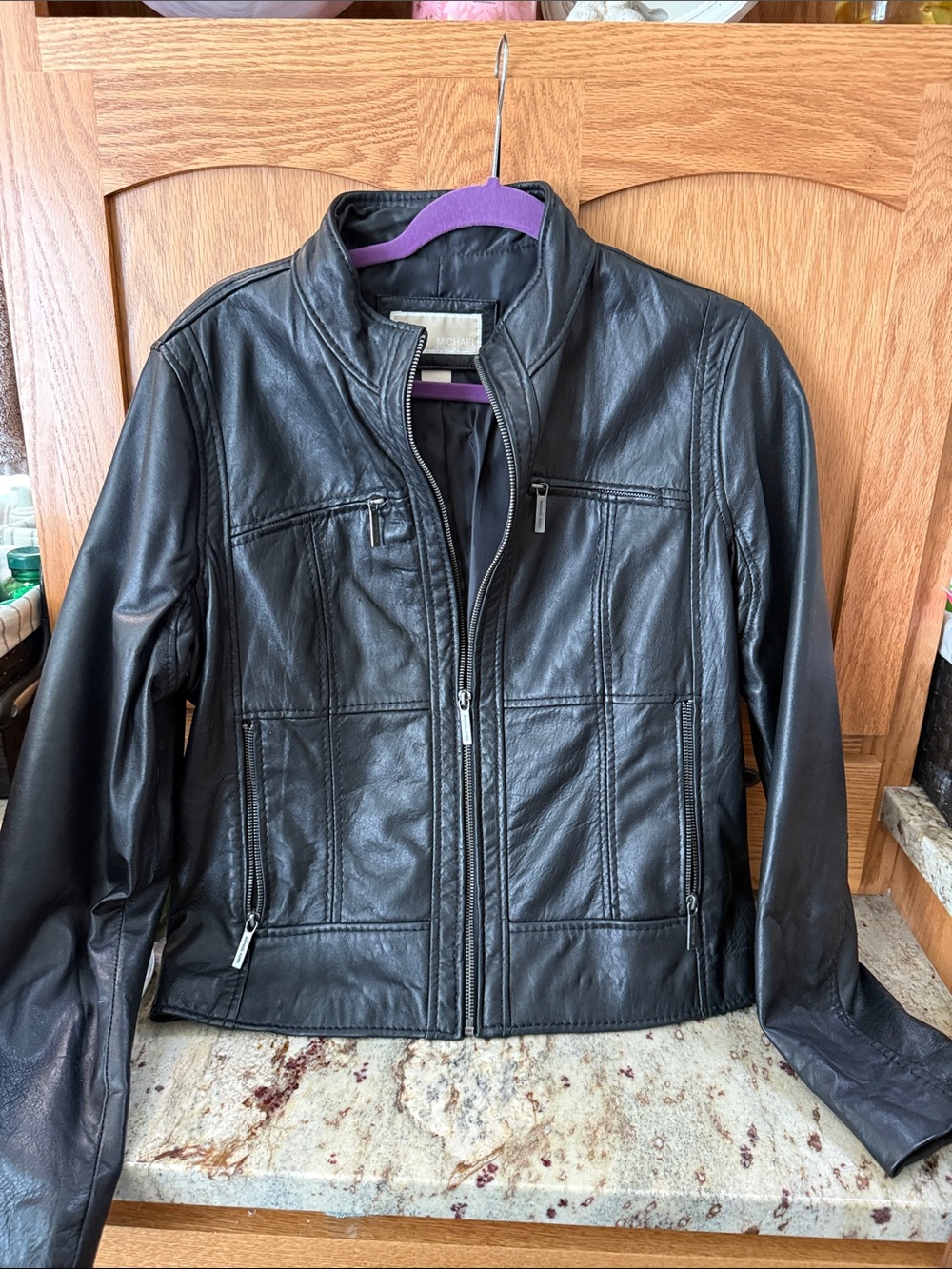 Michael Kors Black Leather Zip-Front Jacket